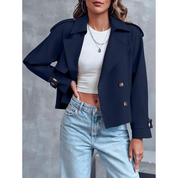 Women's Dark Blue Crop Double Breasted Trench Coat Raglan Sleeve Cropped Jacket - Picture 2 of 6